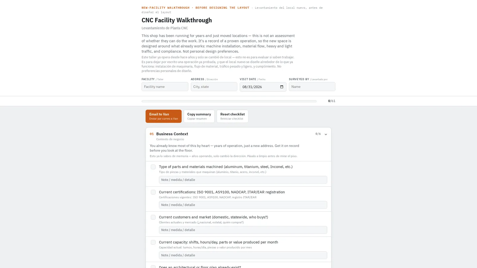 Website de Facility Walkthrough Tool